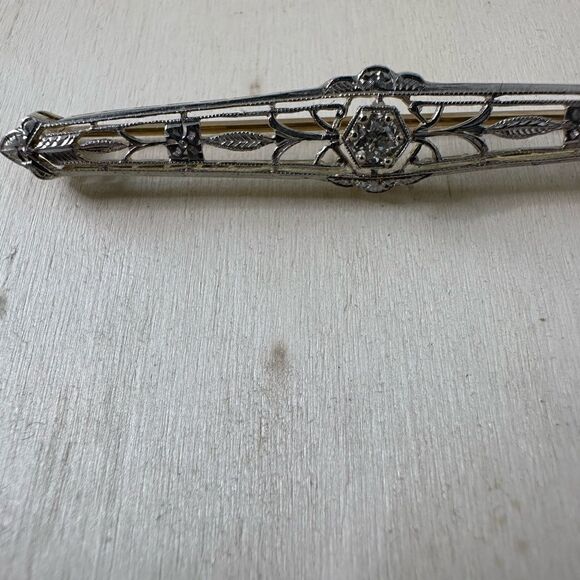 Antique Art Deco 14k Gold With Diamond Bar Brooch - Picture 9 of 9